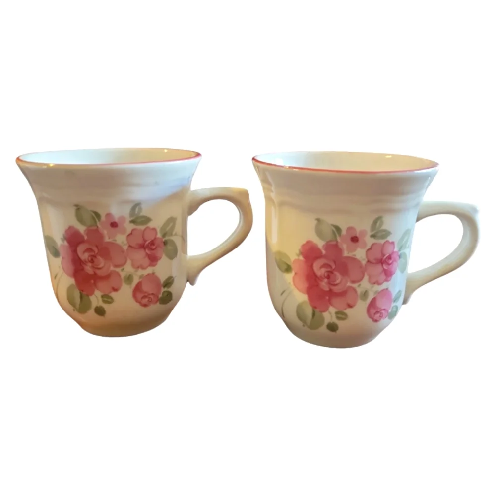 2 Vtg Gibson Roseland Coffee Tea Stoneware Flat Cup Pink Rim Roses Leaves